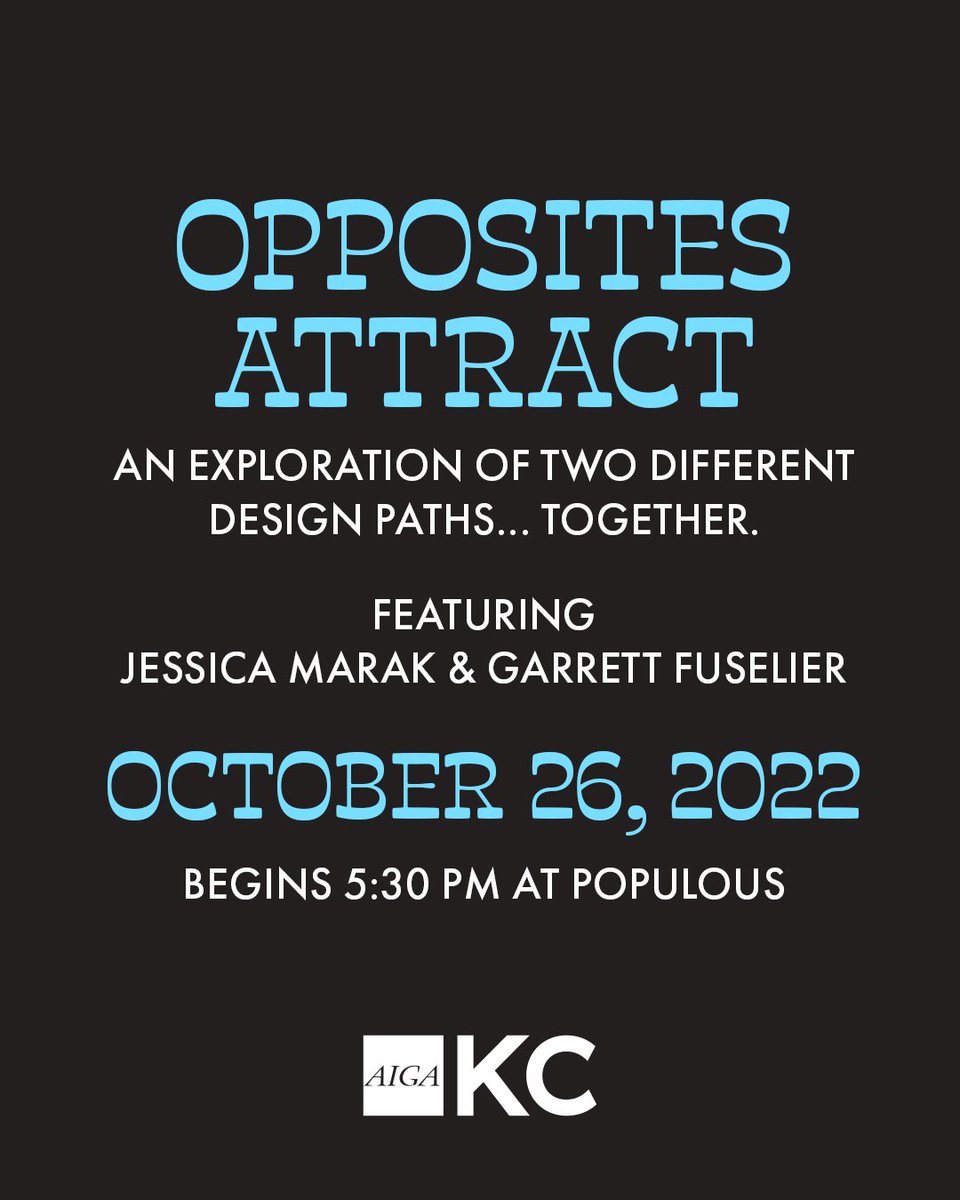 aigakc's tweet photo. They met ten years ago at an AIGA event and now live together in Los Angeles. Although they have different design paths, they share the same joys. Get tickets for October 26 at Populous for an evening of love and design, with Jessica Marak and Garrett Fuselier. Here’s their work. https://t.co/ZZy0YeqyLL