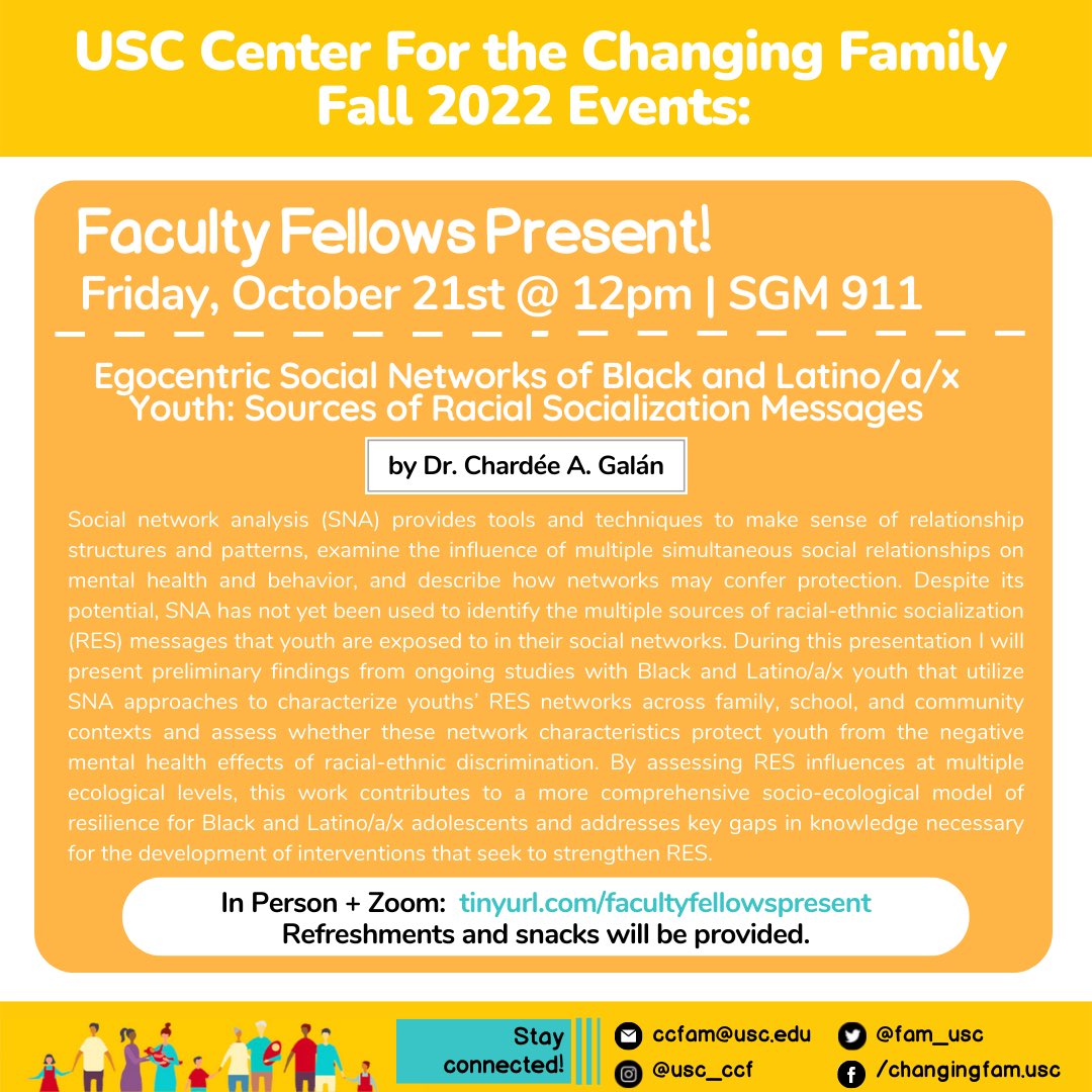 fam_usc's tweet photo. We are back with our first colloquium of the semester! Our inaugural faculty fellows will be presenting their latest work. All are invited. Join us this Friday 10/21 at 12pm in-person or vía zoom!
🔗: https://t.co/RacUuFrEJQ
(Link also in bio) https://t.co/BqSTcJ1yPP