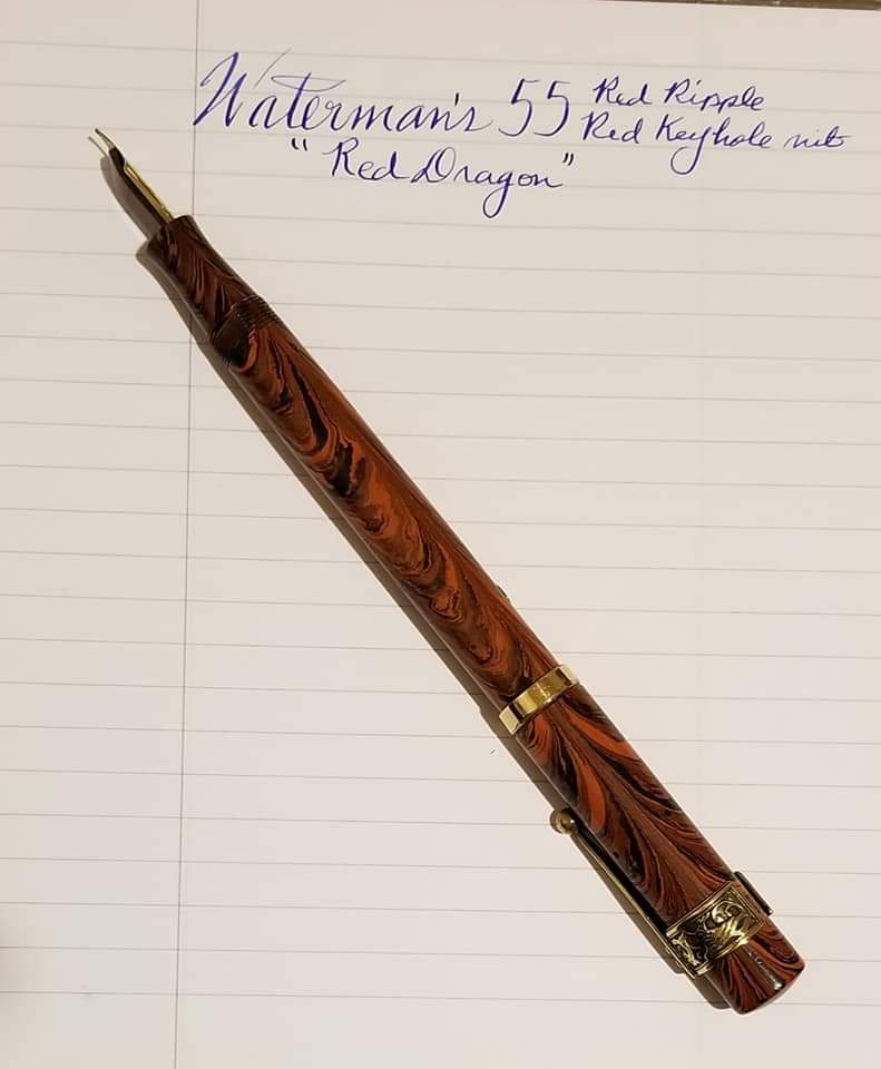 AnnPeek's tweet photo. Waterman's 55 Red Ripple with dragon accomodation clip #fountainpen #fountainpenink #vintage #1920something #mid1920s #nib #ink #paper #writing #OldSchool #quality #writingtool #ivealwaysgotapen #watermans55 #watermans55redripple #accomodationclip #dragon https://t.co/8Oe15b69HQ