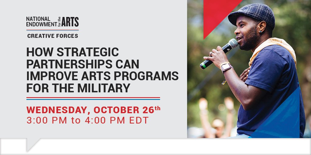 NEA_CFNetwork's tweet photo. REMINDER: Join Creative Forcesยฎ for the upcoming webinar "How Strategic Partnerships Can Improve Arts Programs for the Military" on Wednesday, October 26th from 3-4 PM EDT. #ArtsPrograms @NEAarts Register below๐จ ๐ช ๐งญ https://t.co/q2TGGuTI6x Photo by EyeRise Photography https://t.co/Jdqch2WheW