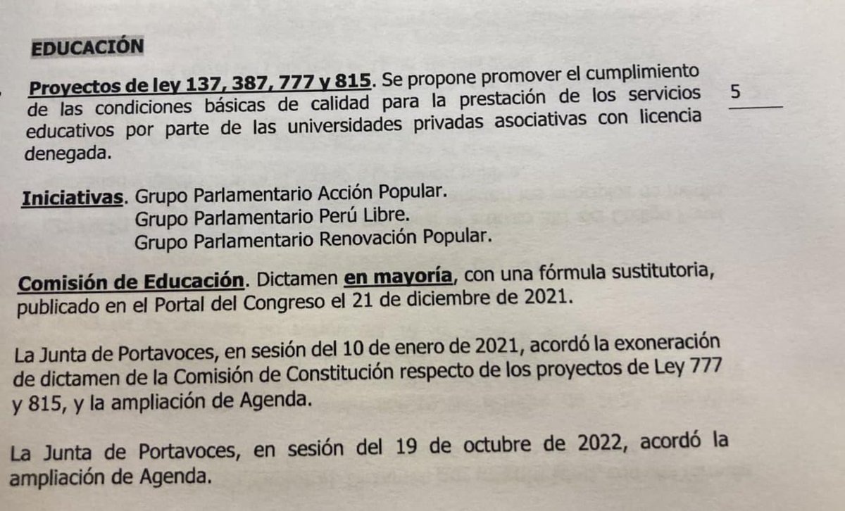 martinhidalgo's tweet photo. #AlertaLegislativa: La agenda del pleno de mañana tiene en lista este dictamen. Implica que las 11 universidades asociativas, entre ellas la Garcilaso y Peruana del Centro, sean evaluadas bajo condiciones que no se encuentran vigentes. https://t.co/8QPaP4MBUw