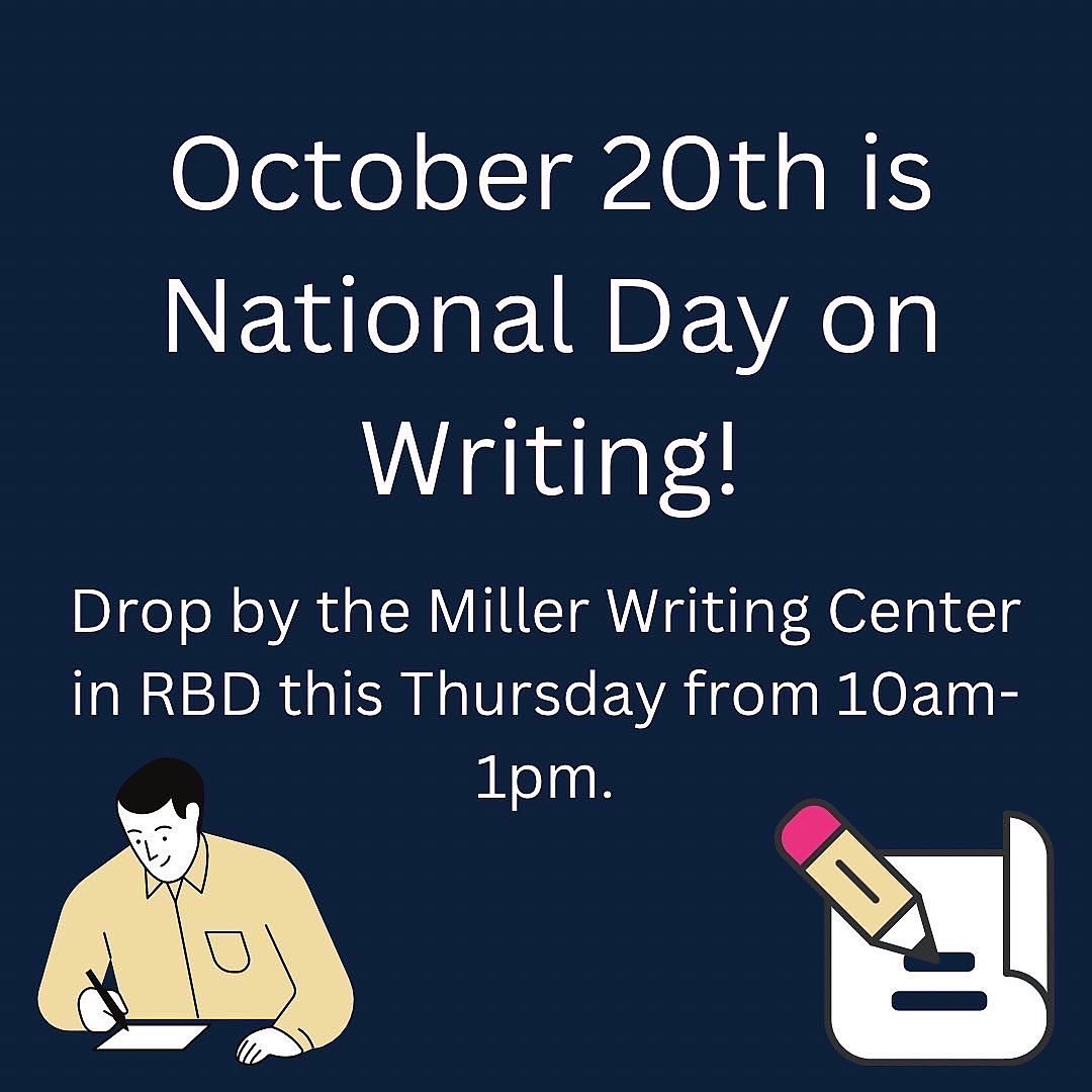 UnivWritingAU's tweet photo. Come by the Miller Writing Center any time between 10am and 1pm tomorrow to celebrate writing and let us know why you write and why you vote! #writetovote #NDoW #NationalDayonWriting #whyiwrite
#UniversityWriting #AuburnUniversity #MillerWritingCenter #Auburn #WritingAtAU https://t.co/m66wZH29pz