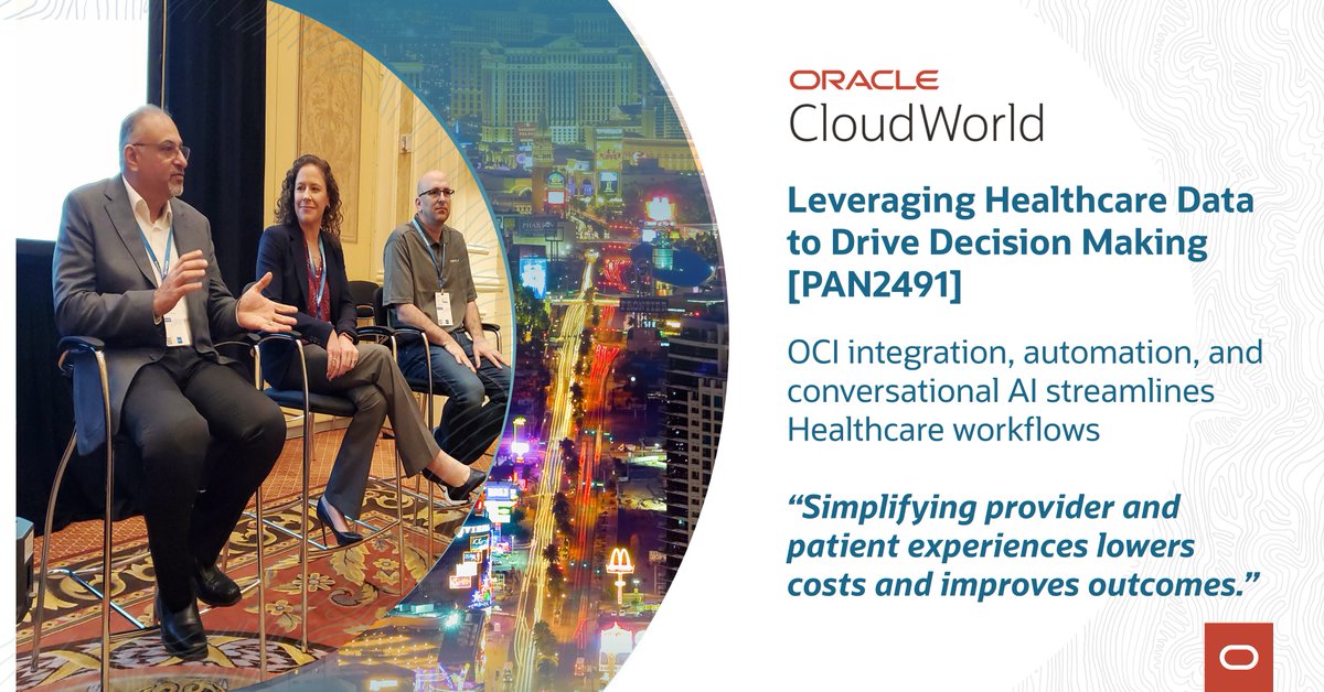 Exciting to see Oracle Health executives engage with global thought leaders on how breaking down data siloes drives decision-making. #OCI conversational AI and #intelligentautomation at #ocw. Join us at ow.ly/lp6n50Lg07I to learn more. <a href="/OracleCloud/">Oracle Cloud</a> <a href="/soacommunity/">Jürgen Kress</a> <a href="/dearora/">Deepak Arora</a>