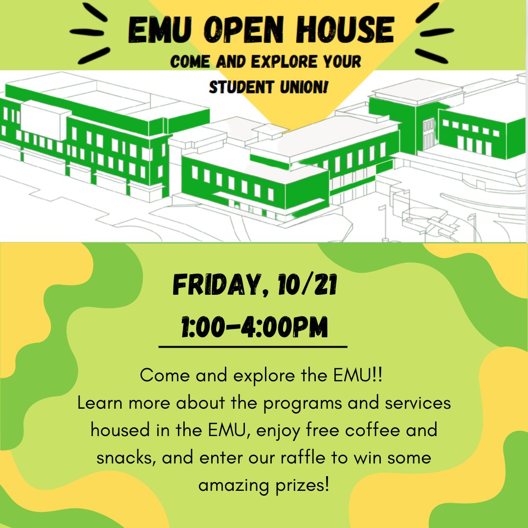 UO_EMU's tweet photo. EMU Open House!! Friday 10/21 from 1:00-4:00pm. Check-out the amazing variety of programs and services located in the EMU. Free snacks and raffle with awesome prizes! 🦆🎉
#uo_emu #uoregon #openhouse #prizes #raffle #freebies #snacks #homecoming #goducks #fallfamilyweekend https://t.co/lh0HZ2HxRH