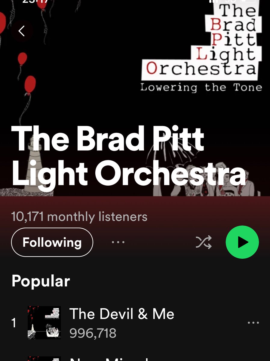 BradPittLightOrch (@bplo) on Twitter photo It’s that time of year when Devil&Me is getting extra spooky love. It’s almost at 1 million plays on Spotify. Watch this space, have a play, listen. Here’s to a Halloween Million! <a href="/annblake78/">Ann Blake</a> <a href="/david_bplo/">David Blake</a> <a href="/Cnuimh/">James Blake</a> It’s that time of year when Devil&Me is getting extra spooky love. It’s almost at 1 million plays on Spotify. Watch this space, have a play, listen. Here’s to a Halloween Million! <a href="/annblake78/">Ann Blake</a> <a href="/david_bplo/">David Blake</a> <a href="/Cnuimh/">James Blake</a>