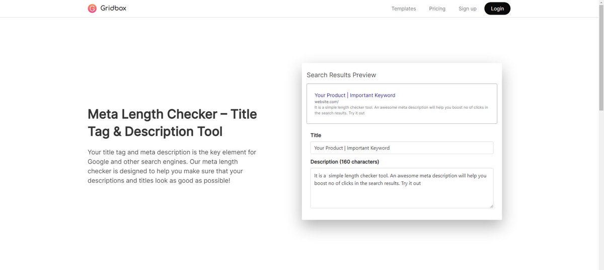 gridboxapp's tweet photo. Try this simple tool to check your meta title and description length  

https://t.co/MfJyWvBXAQ

#SEO #Website https://t.co/oUp7rmr8ed