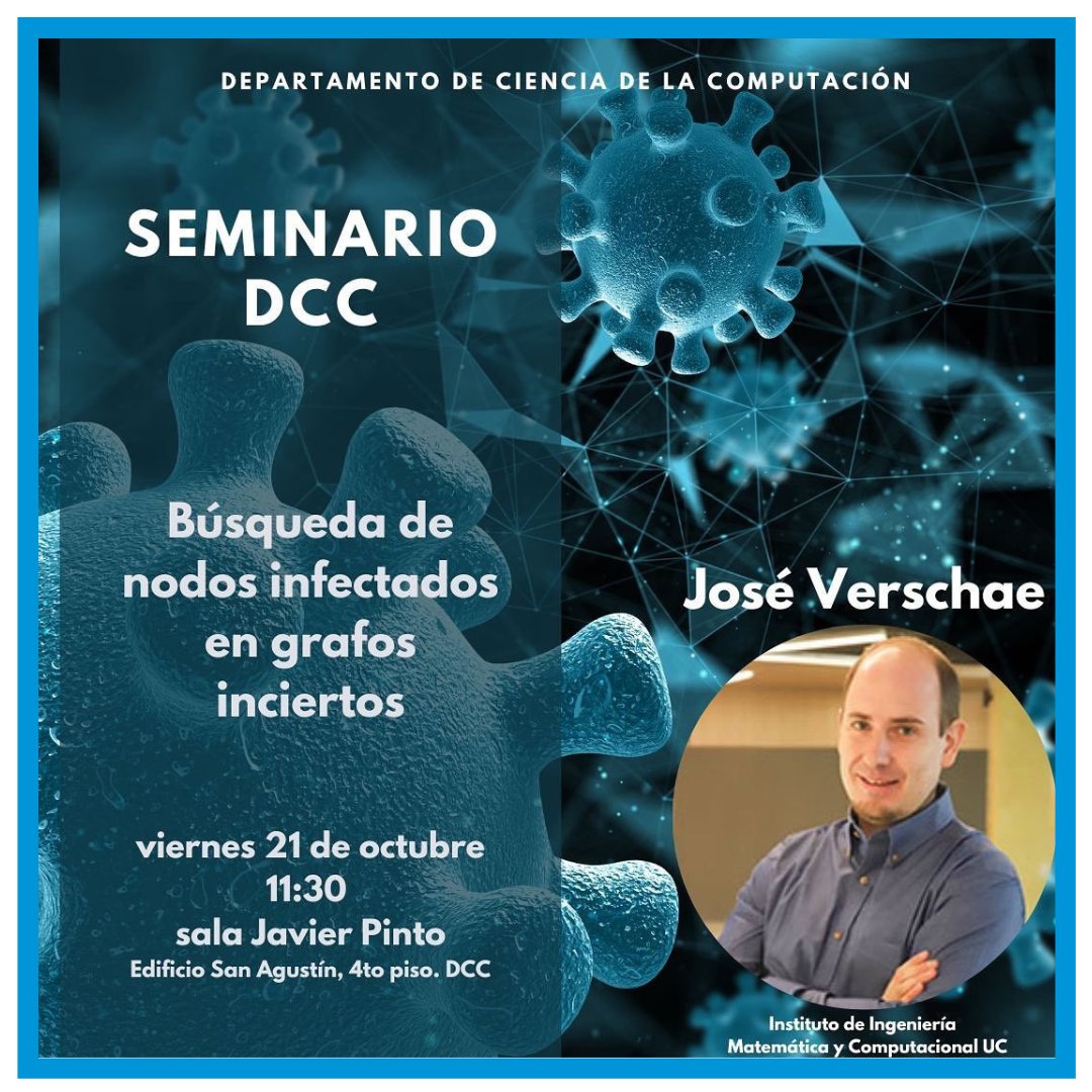 MiDaS_Chile's tweet photo. #INVITACIÓN
Hacemos extensiva la invitación del Departamento de C. de la Computación (DCC) a la presentación “Búsqueda de nodos infectados en grafos inciertos" 🗓 Viernes 21/10 ⏰11:30 h📍Sala Javier Pinto, 🏢 San Agustín, 4°piso, DCC. Evento abierto ¡sólo debes llegar! https://t.co/5H99V89kpQ