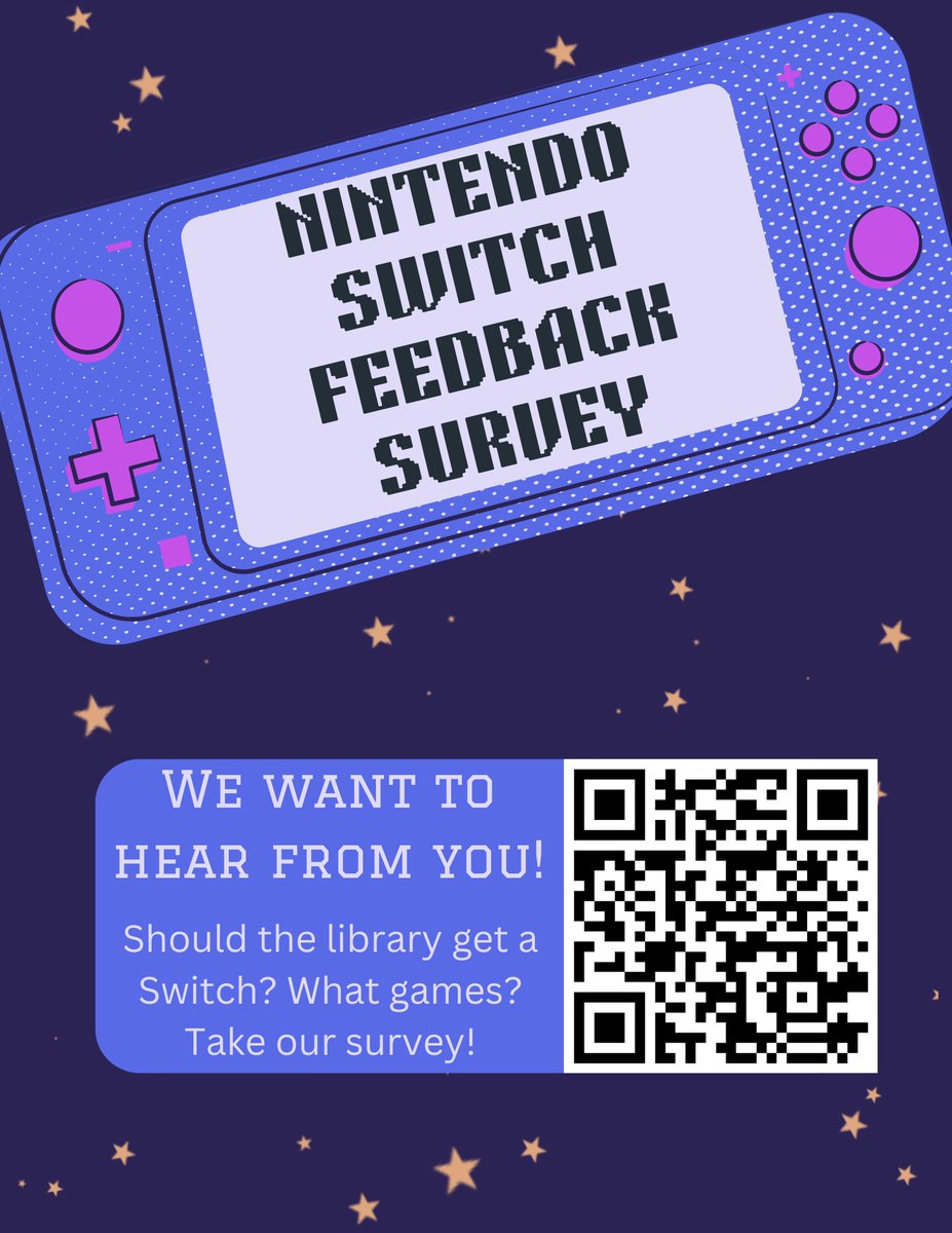 Hey Young Adults! You hip cool people! We want to hear from YOU!
Should we get a Switch? What games would you want? 

forms.office.com/g/EZqWqCdRys 

#videogames #switch #dcpl #teens #wewanttohearfromyou #gaming #gamer #librariesareforeveryone