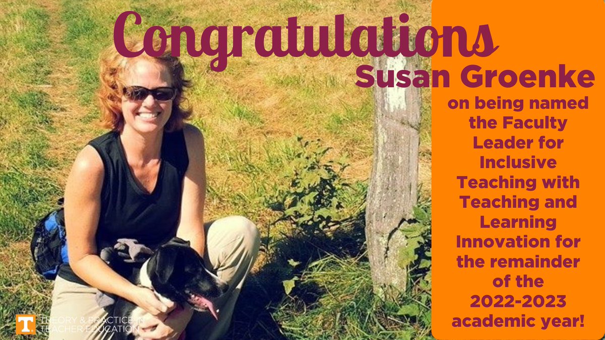 UTKTeacherEd's tweet photo. Congrats to Susan Groenke, @ccyal Director &amp; prof of English education on being named the Faculty Leader for Inclusive Teaching with @TeachingAtUTK for the remainder of the 2022-2023 academic year! #utktpte #utktli #utkcehhs #inclusiveteaching #utknoxville https://t.co/137IyyVAXA
