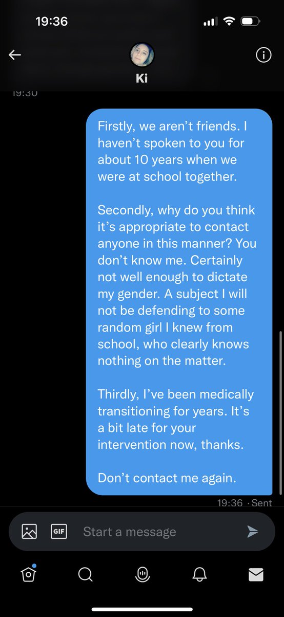 theodore_purdy's tweet photo. Some random girl from 10 years ago at school messaged me completely out of the blue today. 
She is now blocked, after deadnaming me a few messages after this. 
Don’t be this person 🥱 https://t.co/L4jKiAyuNp
