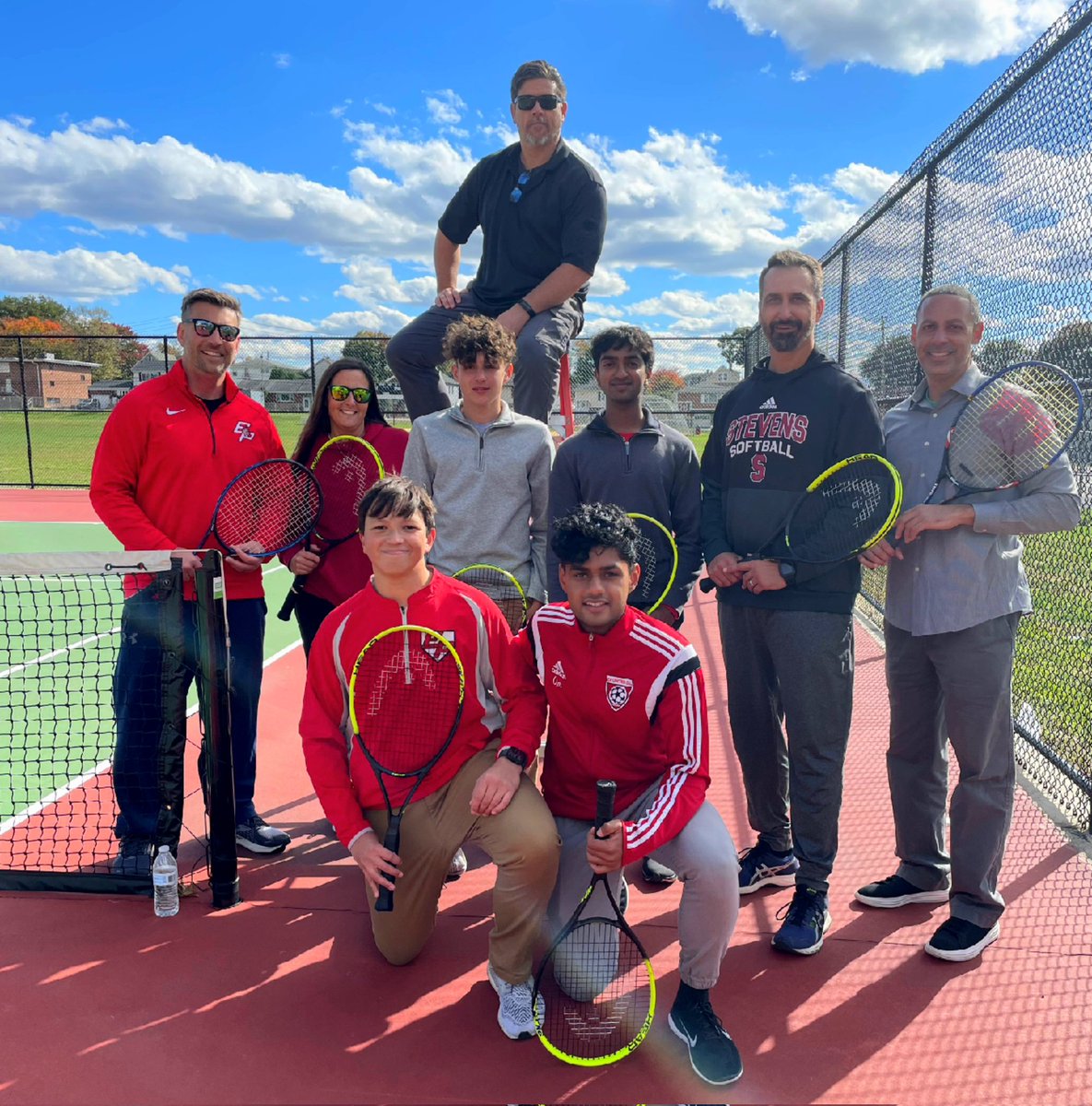 Huuuggge tennis match today!  The senior PE class doubles tennis champions challenged Mrs Lehansky &amp; the admin.  Back and forth battles, but congrats to the winning team of Samuels/Basile🎾.  Beautiful day and lots of fun!!   Special thanks to Coach Bloete for being the chair ump