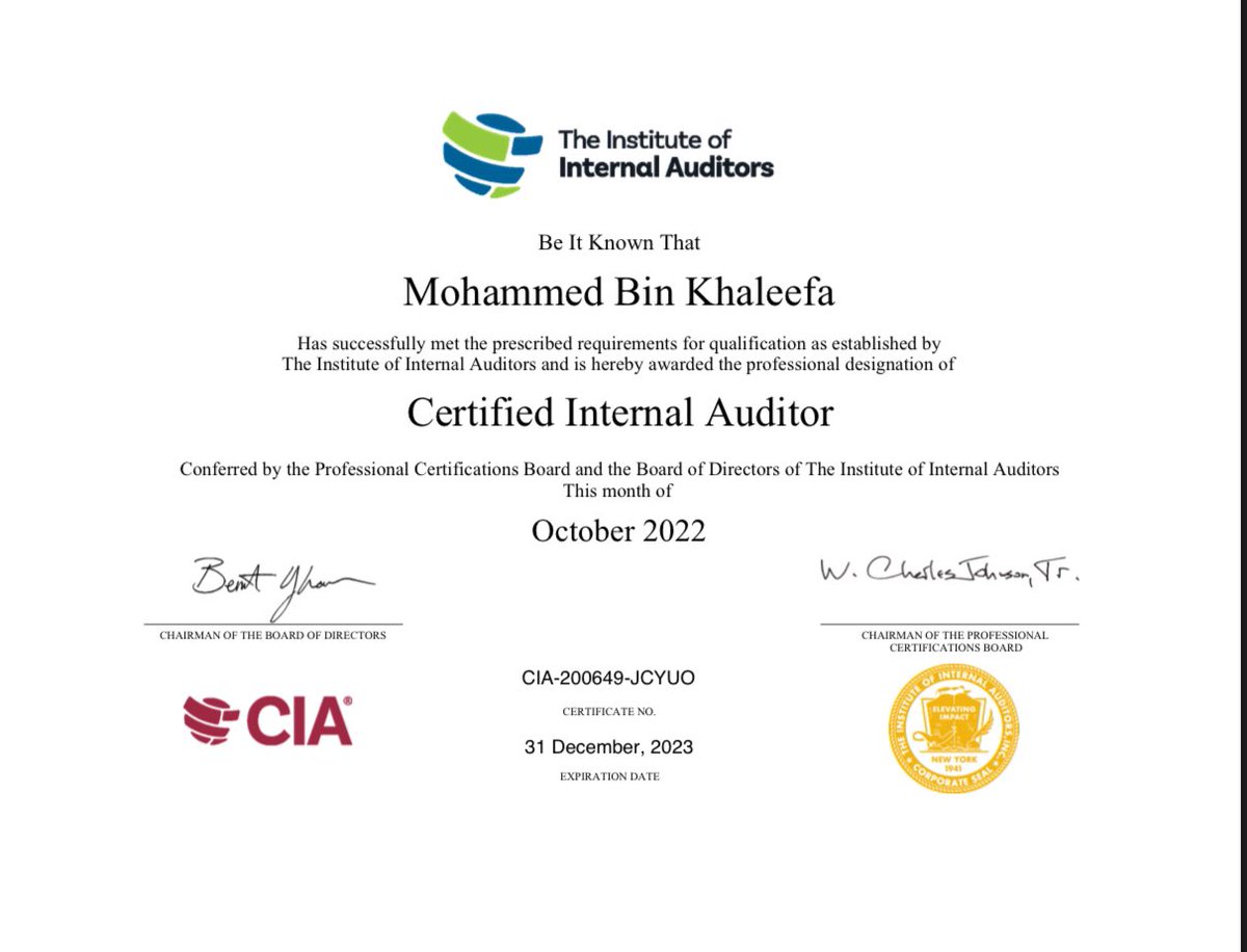 m_khaleefa's tweet photo. Today will be the day that I will always remember. I passed all CIA exams! 🎉Hard work always pays off. Thank you so much to my family; my manager and my friends who were there for me .Thank you! @TheIIA https://t.co/DayDhpG543