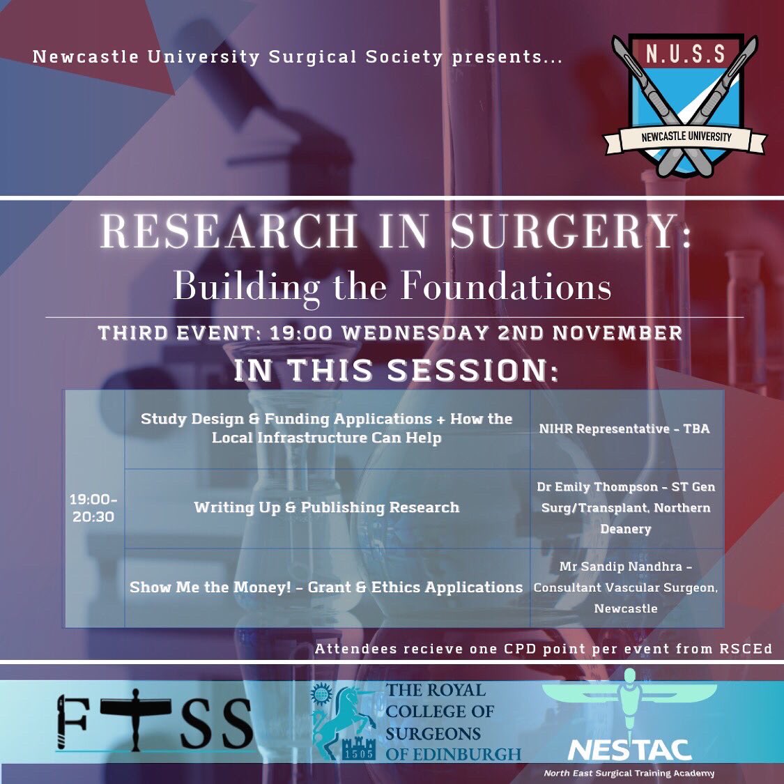 Research in Surgery: Building the Foundations Event 3‼️

Join us for our third event of this series where you’ll learn about Funding, Writing Up &amp; Publishing Research and Grant Applications from exceptional speakers🗣️

<a href="/emilythompson88/">Emily Thompson</a> <a href="/SandipNandhra/">Sandip Nandhra</a> <a href="/nestac_surgical/">North East Surgical Training Academy</a> <a href="/JohnAGMoir/">John Moir</a>