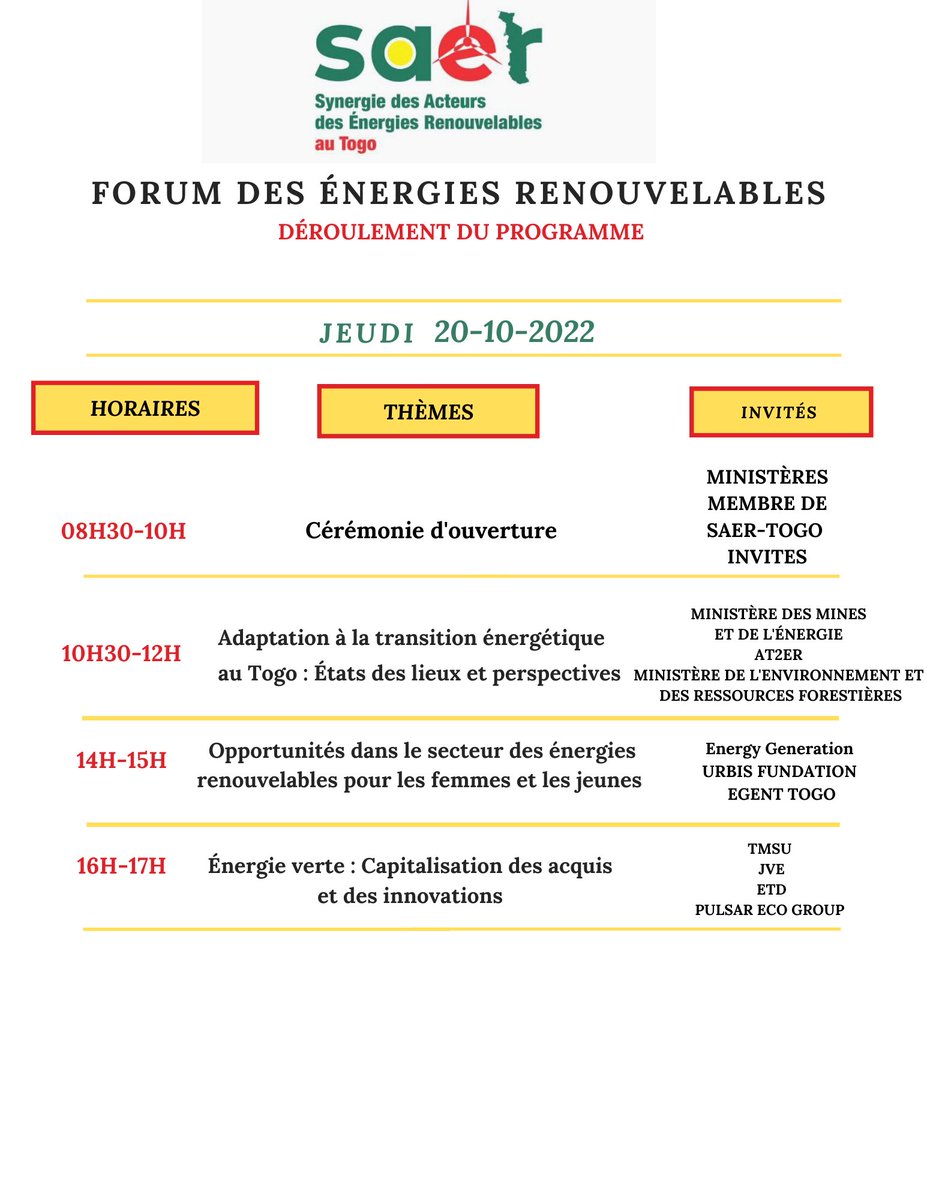saertogo's tweet photo. J-1 Tu te demandes sûrement comment les choses vont se passer demain, qui interviendra sur les différents panels. Nous vous réservons du très lourd avec les  panelistes spécialiste du domaine des Énergies Renouvelables. Tout le programme en image https://t.co/TTTecqiFdu