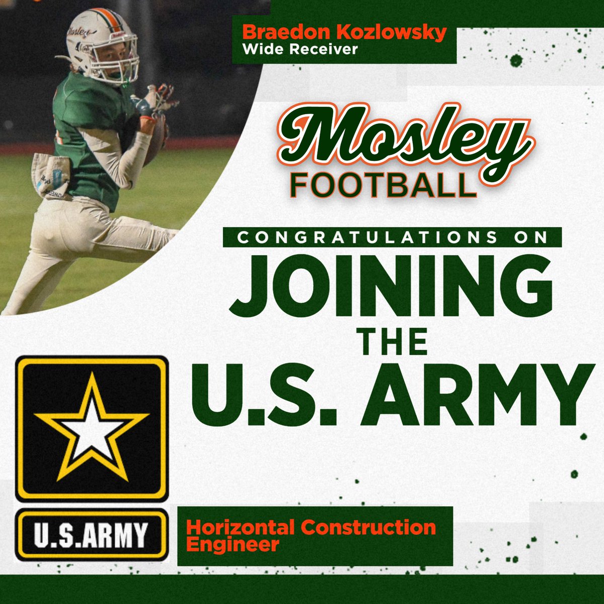Congratulations to Braedon Kozlowsky on on joining United States Army. After graduation Braedon will attend basic and job training at Ft. Leonard Wood, MO where he will learn to be a Horizontal Construction Engineer. 
#MosleyMade