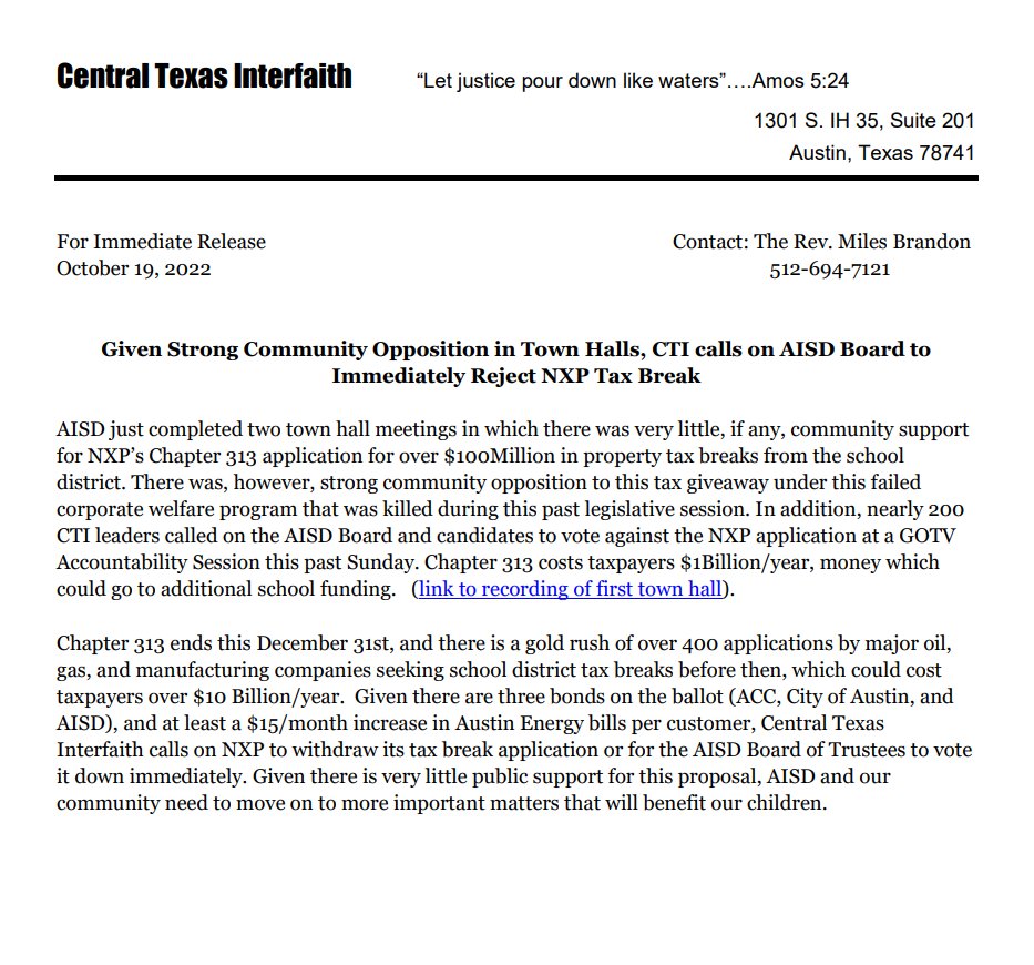 CTXInterfaith's tweet photo. Given Strong Community Opposition in Town Halls, CTI calls on #AISD Board to Immediately Reject NXP Tax Break #chapter313 #pressstatment https://t.co/H8a3kEJXHX
