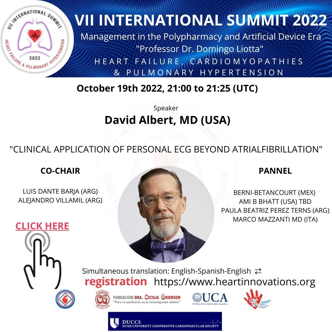 HeartFailure22's tweet photo. 18 hs Argentina 
“CLINCAL APPLICATION OF PERSONAL ECG BEYOND ATRIAL FIBRILLATION” 
Dr David Albert 

Inscripciones https://t.co/oDfcT9rF52 

@barba001barbage @svperrone https://t.co/Ss1nJTxjOG