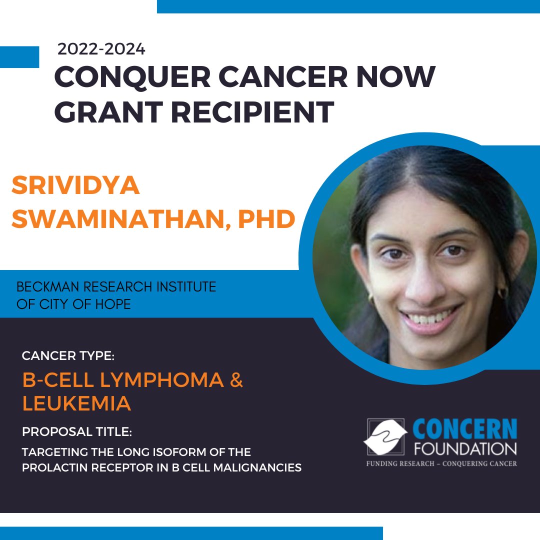 ConcernFdn's tweet photo. Congrats to 2022-2024 #ConquerCancerNow #grant recipient @sswamin17 of Beckman Research Institute of @cityofhope for her #cancerresearch project in B-cell #lymphoma and #leukemia

#cancer #immunology #research #cityofhope #oncology #concernfoundation #cancerresearchers #funding https://t.co/shLEkuTtDK