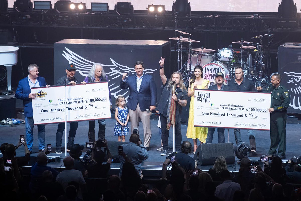 Huge thanks to @Skynyrd and the Seminole Tribe for donating $200,000 to the Florida Disaster Fund at the @HardRockHolly show. We are committed to helping folks get back on their feet and appreciate the support! To donate, visit FloridaDisasterFund.org or text DISASTER to 20222.