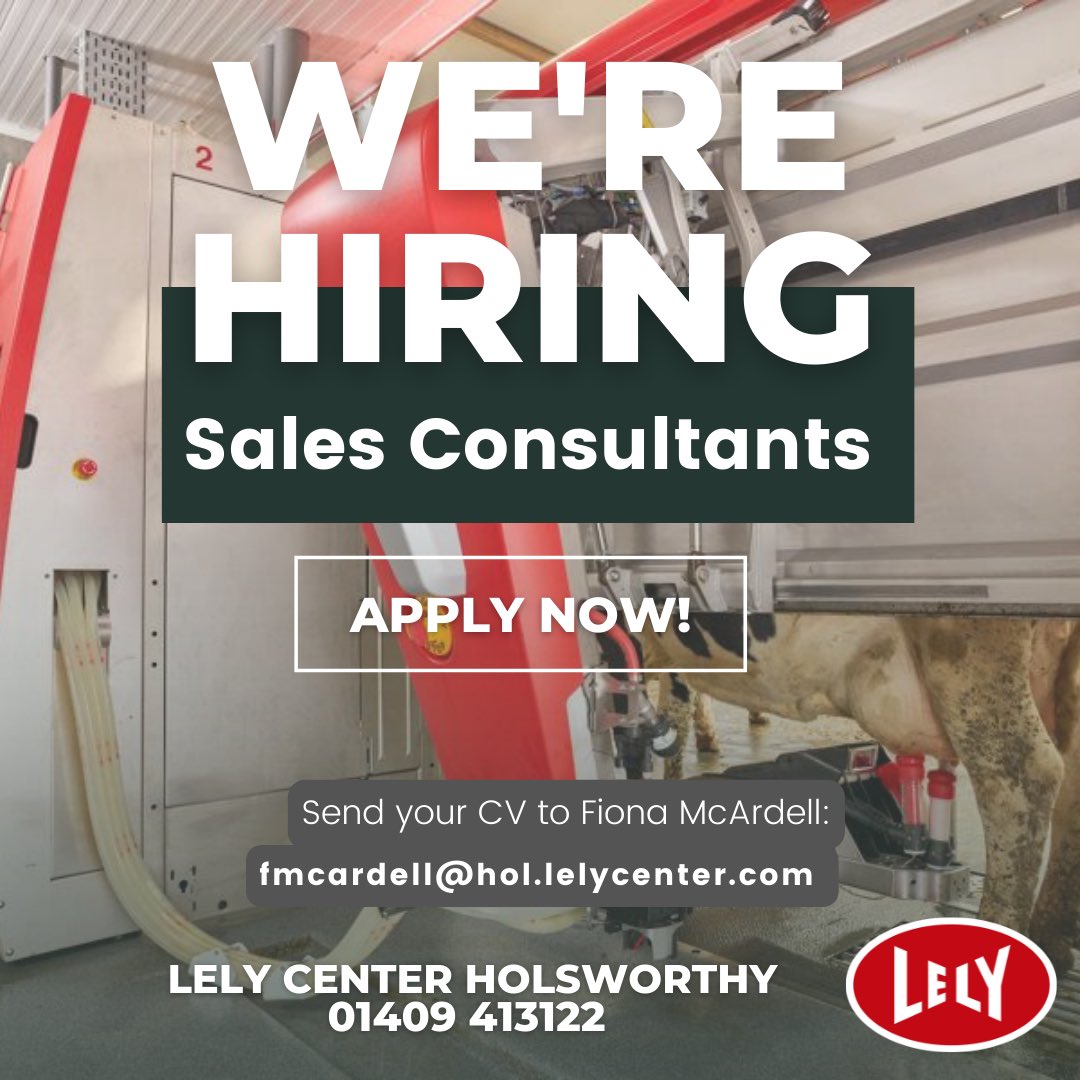 Our rapidly expanding Lely Center Holsworthy is looking to recruit additional full time Sales Consultants. 

Are you looking for a new career in agricultural sales and have a strong background in dairy farming?

Full details here: lely.com/gb/centers/hol…

#sales #recruitment #job