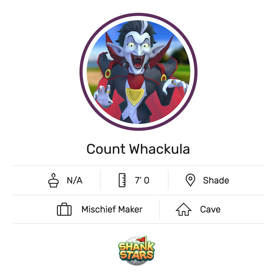 shankstarsgame's tweet photo. Meet Count Whackula. He likes drinking blood and long walks in the shade. Swipe right to see if it's a match! #Shankstars #golfgame #mobilegolf #mobilegaming https://t.co/Krhr3PlCSD