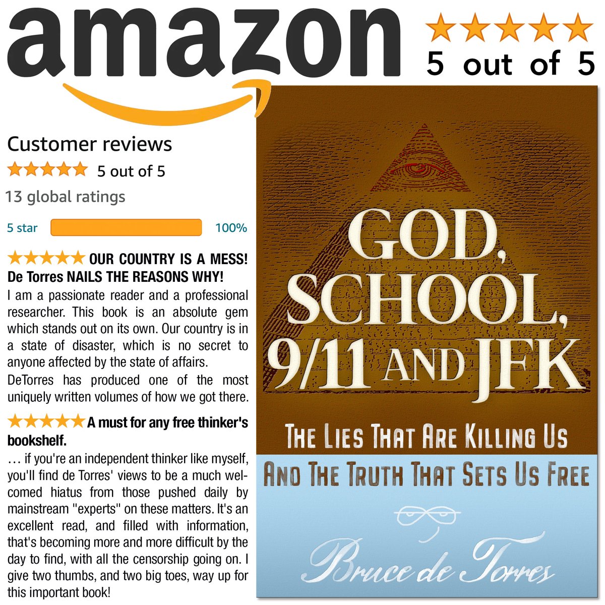 📚 GOD, SCHOOL, 9/11 AND JFK 📚

The lies of 9/11 &amp; the JFK assassination prove our government was hijacked by "elites,” who strip our rights, wage wars of aggression, &amp; accumulate unspendable riches as they seek to rule the world...The truth restores...amzn.to/2WKDtP1