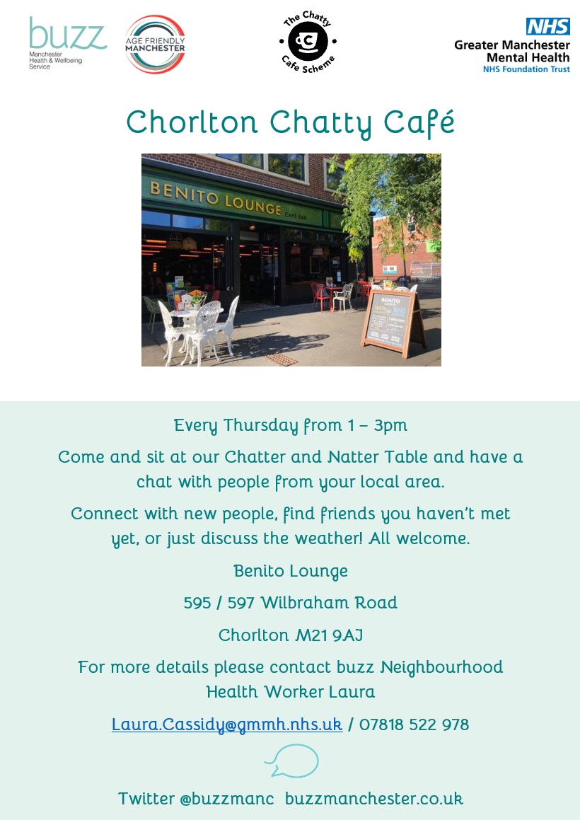 DawnHealthDev's tweet photo. Can you get to #Chorlton for 1pm tomorrow (Thurs 20 Oct)? If so why not come to #BenitoLounge and join the new #chattytable. It's a great opportunity to meet new people, over a brew! Hope to see you there... 😀 @mcrlco @MCCChorlton @ChorltonFPGP https://t.co/aVjJsOcIkP