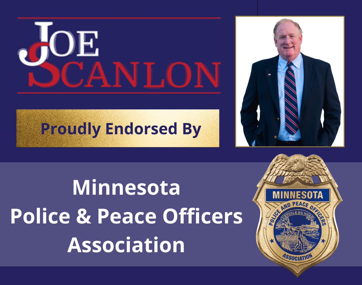 ElectJoeScanlon's tweet photo. I am grateful to the Minnesota Police and Peace Officer Association for endorsing my campaign.  I will stand with law enforcement and as the only MPPOA endorsed candidate in this race, I will work with MPPOA members to reduce crime and help make Minnesota safe again. https://t.co/3ek3isKSxb