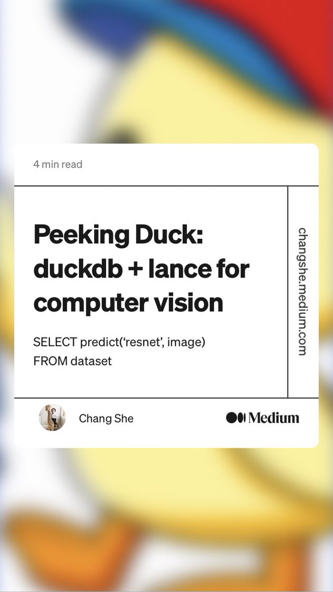 changhiskhan's tweet photo. OK so this was a TON of fun: we wrote an extension for ⁦@duckdb⁩ to run ⁦@PyTorch⁩ models (powered by our ⁦@ApacheArrow⁩ compatible Lance data format). I’m calling it…drum roll please…peeking duck (i’ll be here all night folks).

https://t.co/UbhZo4YLqh https://t.co/HXwZ6ZpF9Y