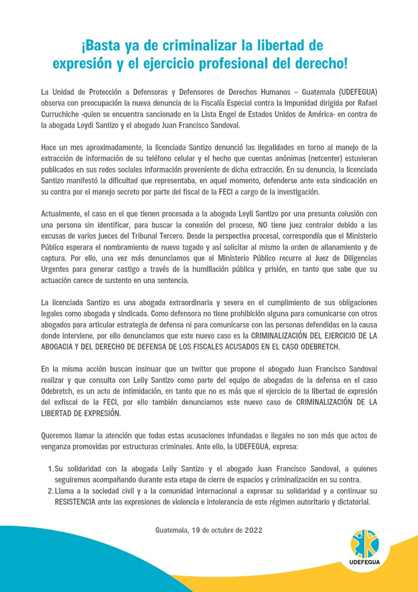 🚨🚨 #Comunicado | Ante la criminalización de la libertad de expresión y el ejercicio profesional del derecho, como UDEFEGUA expresamos: 👇🏽