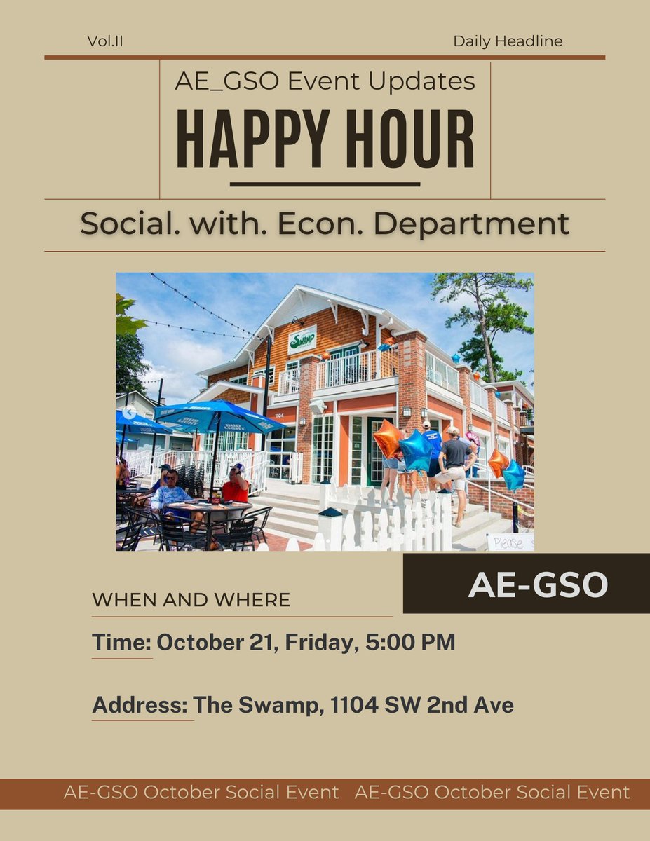 ae_gso's tweet photo. 🌟AE-GSO Social Event of October is on Friday! 💚Grand Gathering of FRE and Econ Department.💛 Students, Faculties, Staff, and family members are invited! Come on join the Happy Hour and have fun!🥳

#aegso #gator #studentorganization #happyhour  #socialevent #economy https://t.co/IW74bZuK2L