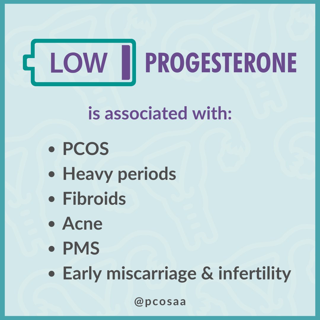 PCOSAA's tweet photo. Did you know that low progesterone is associated with the following:

- PCOS
- Heavy periods
- Fibroids
- Acne
- PMS
- Early miscarriage &amp; infertility

It is important to  get your levels checked with your doctor. #PCOS #lowprogesterone #PCOSlife #PCOSAA #cysterhood #cyster https://t.co/1THhFyZKpB