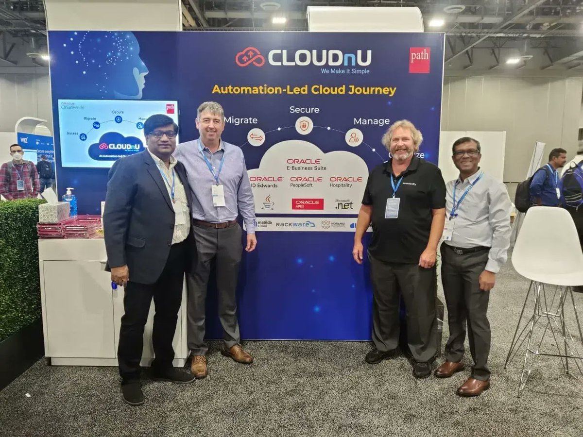 PathInfotechLtd's tweet photo. It was great to have our partners - Todd Matters &amp; Bryan Gobbett, #RackWare join us at our booth. Join us at booth #250 #OCI-Hub at #OCW for some engaging conversations. We are looking forward to hosting you. 
#pathinfotech #oraclecloudworld #CloudExpert #hybridcloud #Oracle https://t.co/2YXqpTwKIR
