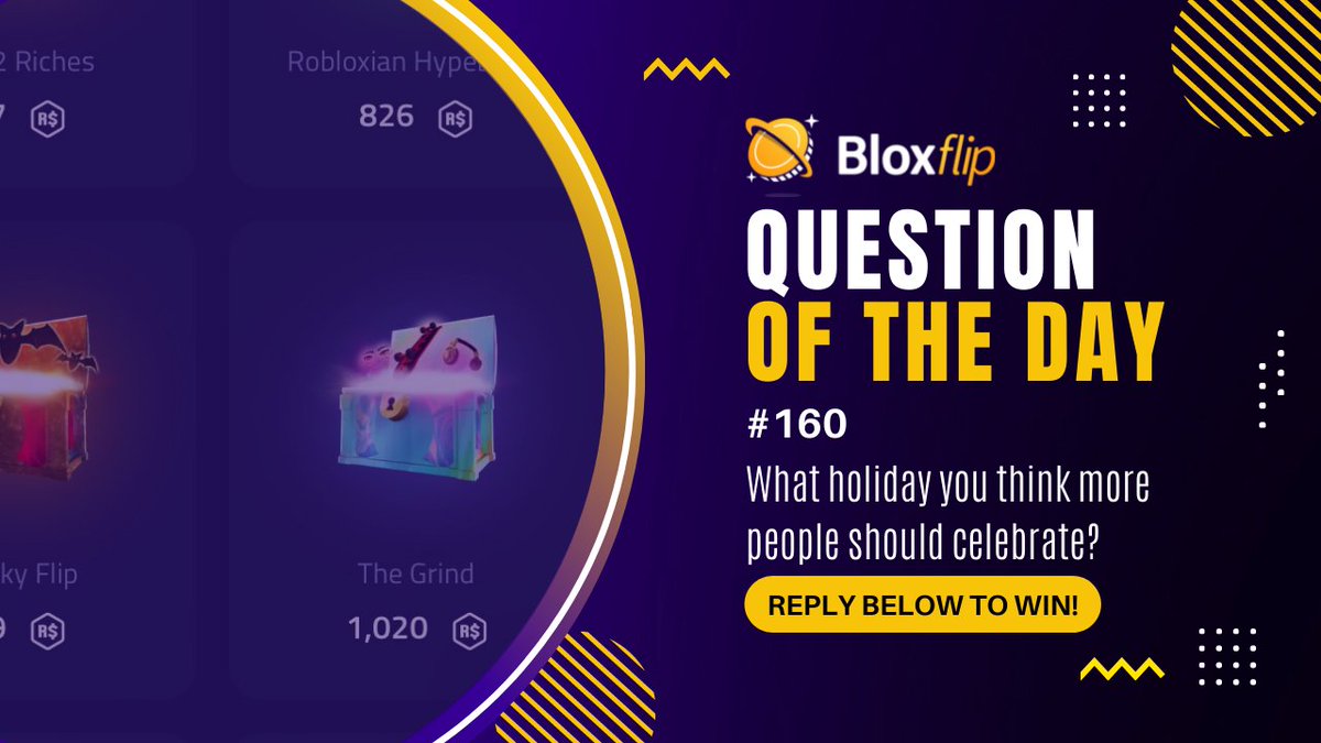 bloxflip's tweet photo. ❓ Question of the day ❓ #qotd

What holiday do you think more people should celebrate? 🎉

Reply below for a chance to win our weekly 5,000 #robux #giveaway!
Follow us to win!
#bloxflip #roblox 👇 https://t.co/ZHURxYnxCm