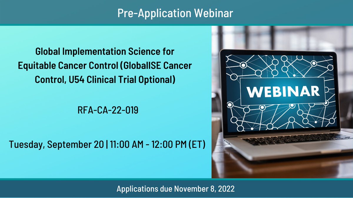 Out Now! Watch the Pre-Application Webinar, Global Implementation Science for Equitable Cancer Control Questions? Contact @VidyaVedham Applications: Due November 8 FOA: bit.ly/3s9yBz6 Video: cancer.gov/about-nci/orga…