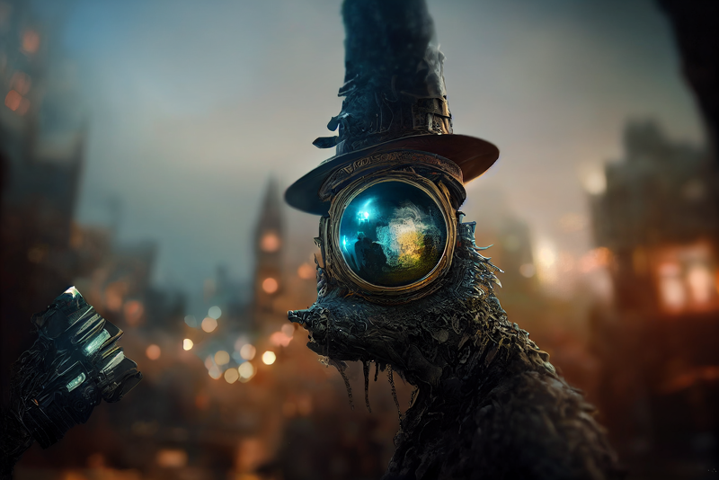 Thaeyne's tweet photo. And for the first time in a long time I'm alright - Wizardpunk creature with a large eye #midjourney #midjourneyAi #AIArtwork #AIart #wizardpunk #creature https://t.co/ea2VxxGp0f