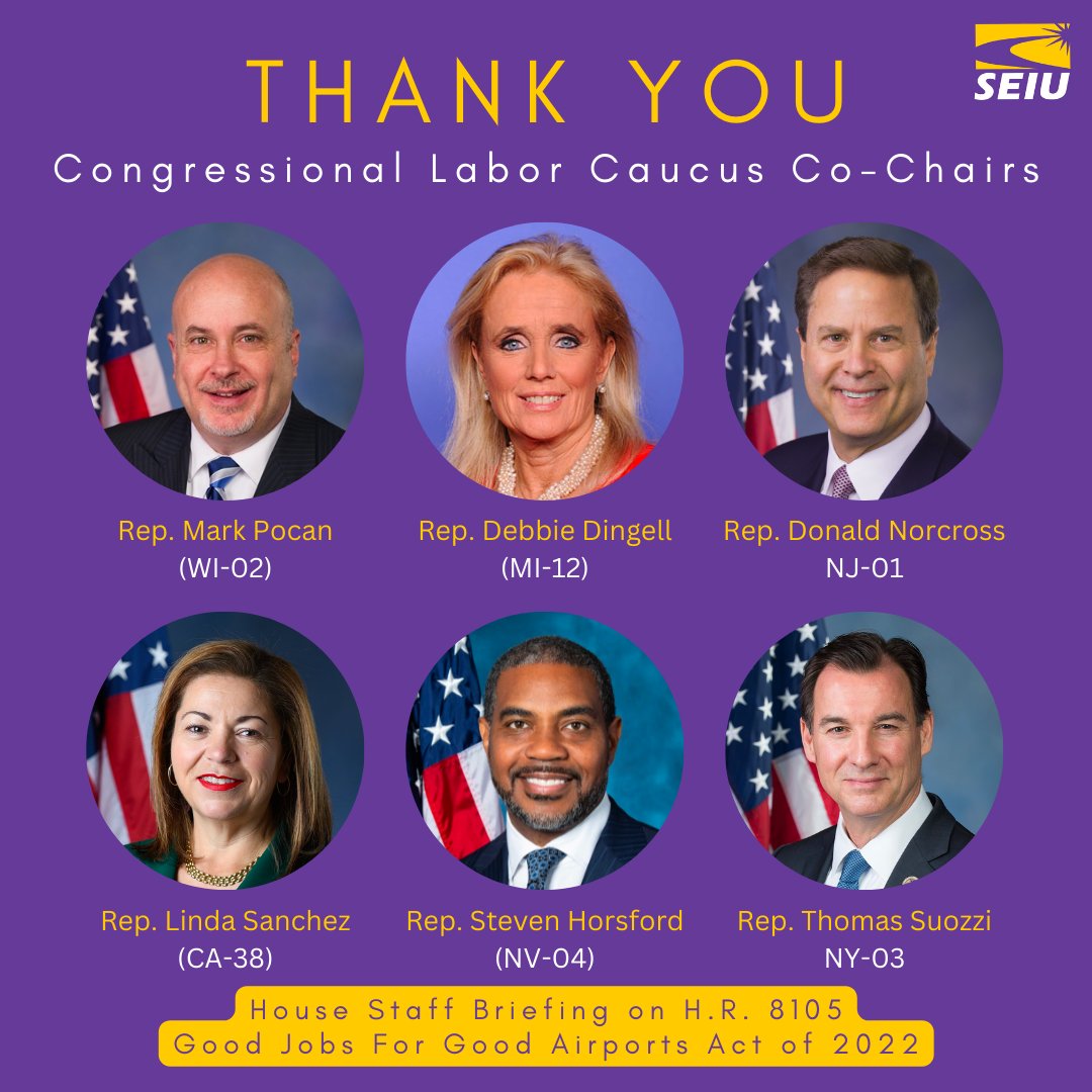 Thank you to @Labor_Caucus co-chairs: @RepMarkPocan, @RepDebDingell, @DonaldNorcross, @RepLindaSanchez, @RepHorsford and @RepTomSuozzi for creating the space on Capitol Hill to hear from airport service workers on how the Good Jobs For #GoodAirports Act would improve their lives!