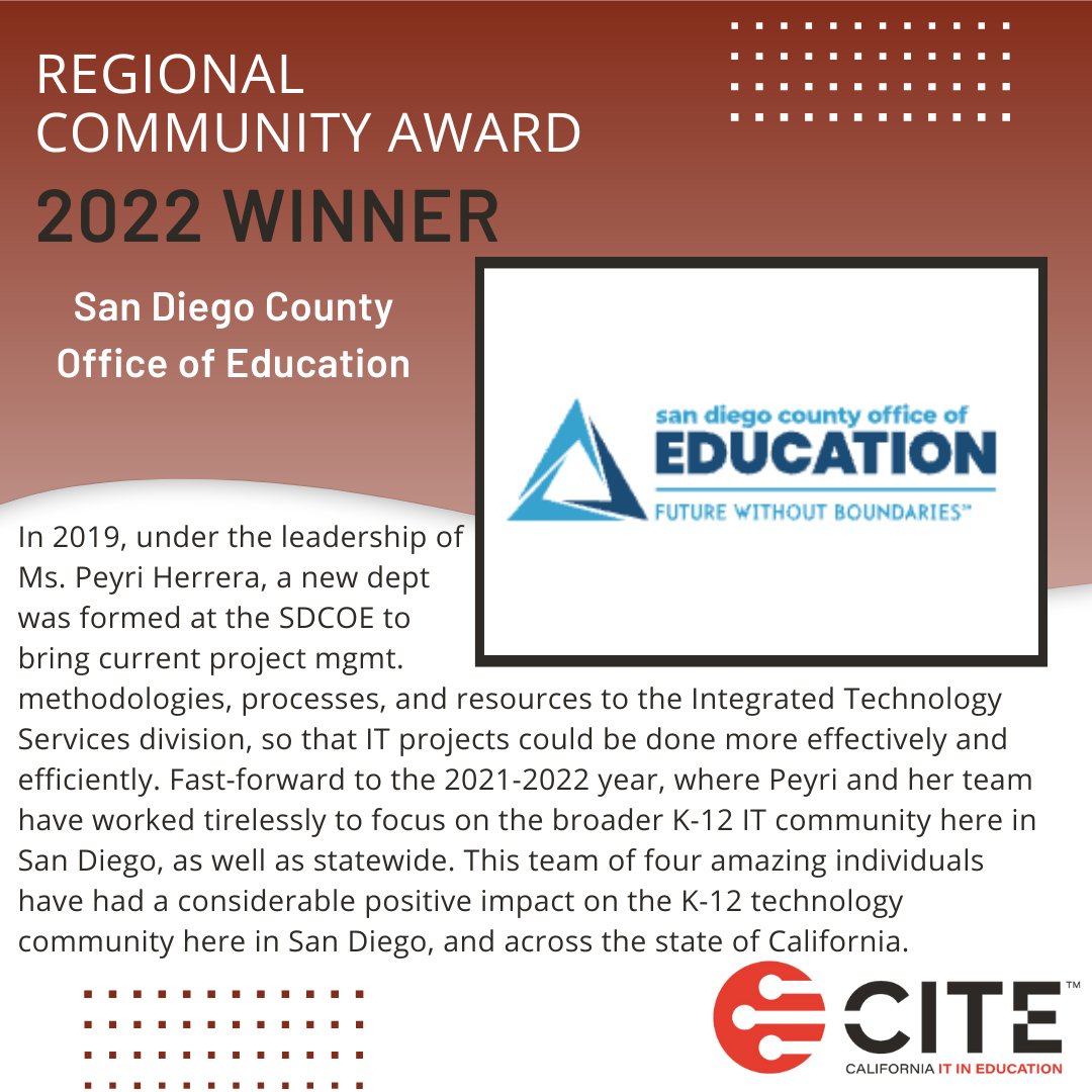 CITE_EDU's tweet image. The CITE 2022 Award winners have been announced! Today we would like to celebrate San Diego County Office of Education, the 2022 Regional Community Award winner! To learn more about SDCOE, and the rest of our 2022 award winners, visit loom.ly/wqHMhuY