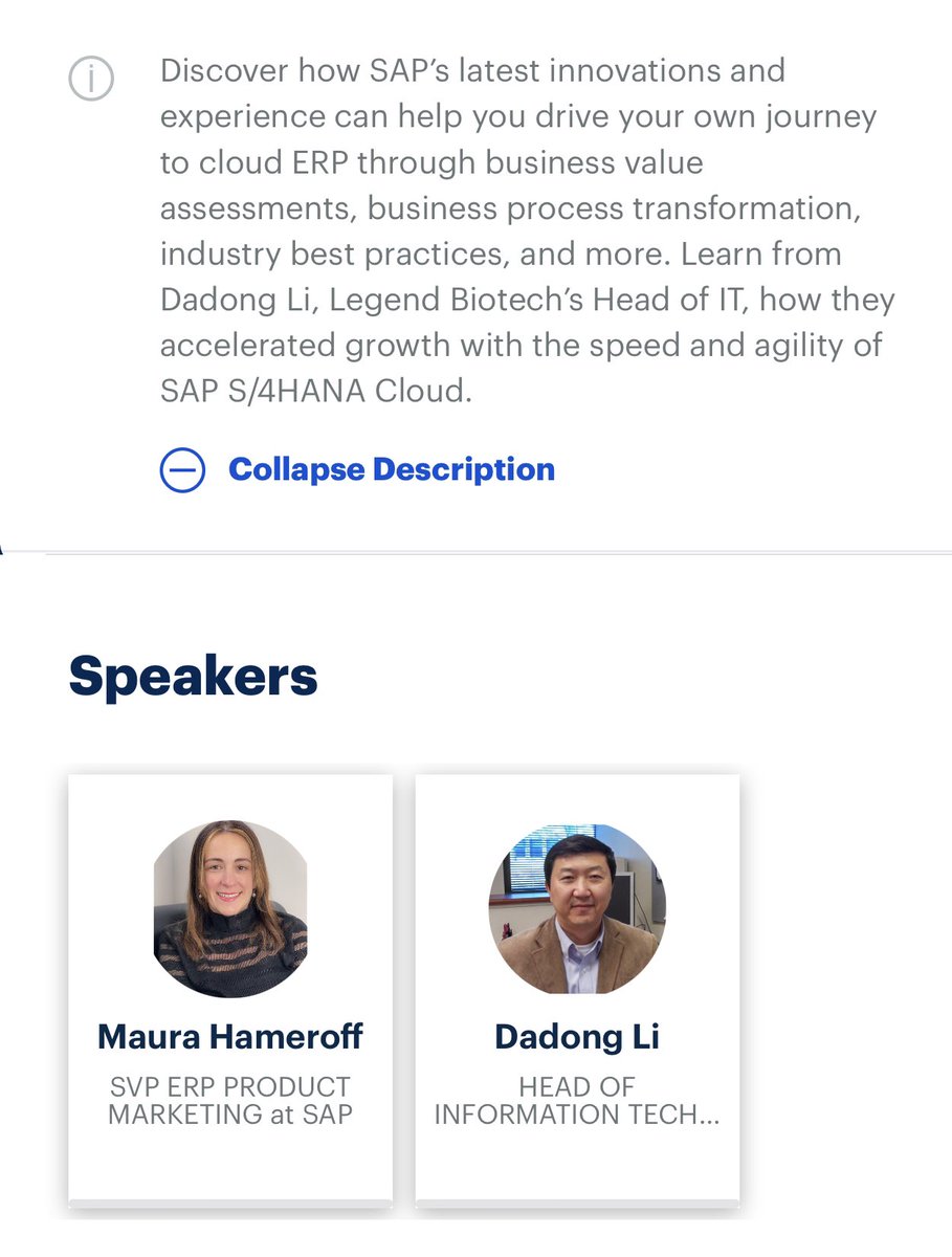Come join <a href="/SAP/">SAP</a> session SAP: Your Journey to Cloud ERP With SAP S/4HANA Cloud customer Dadong Li, Legend Biotech's Head of IT and SAP’s Maura Hameroff, SVP ERP Product
Marketing at SAP #GartnerSYM #S4HANA #CloudERP #Intelligententerprise