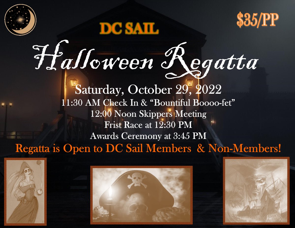 DC_Sail's tweet photo. Hailing all Pirates, Ghoulies, Witches and Wizards! 
DC Sail's end-of-season, spooktacular "Halloween Regatta," complete with costumed sailors, will be hosted on Saturday, October 29, 2022. The Halloween Regatta is open to DC Sail Members and Non-Members! https://t.co/XvrYymgpTk https://t.co/4wMGvOo7G3