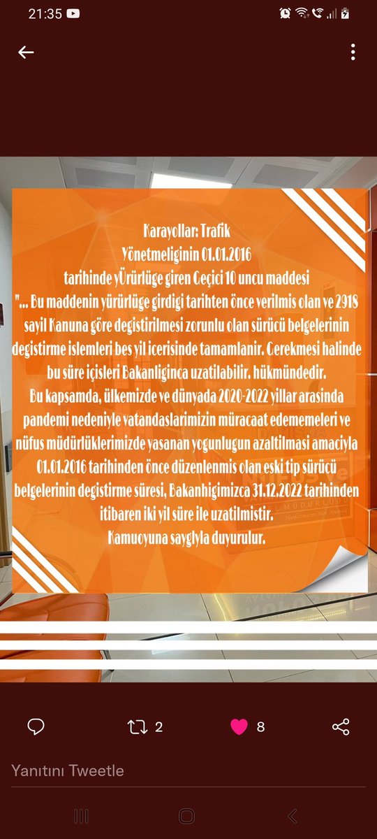 01.01.2016 tarihinden önce düzenlenmiş eski sürücü belgelerinin değiştirme süresi Bakanlığımızca 31.12.2022  tarihinden itibaren 2 yıl süre ile uzatılmıştır.süre bitiş tarihi 31.12.2024 dür.Kamuoyuna saygıyla duyurulur.