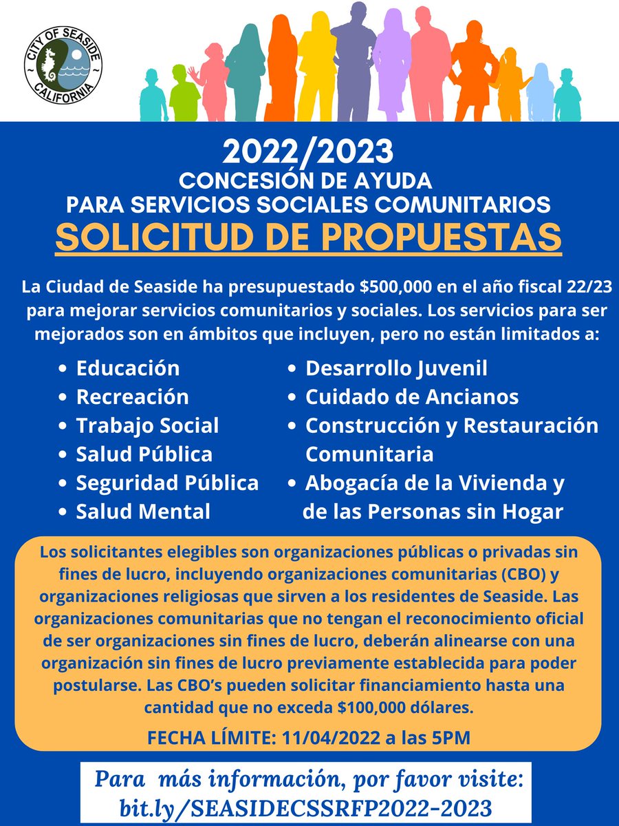 Seaside has budgeted $500,000 in the 22/23 fiscal year to enhance community and social services. CBO’s can request funding up to an amount not to exceed $100,000. Proposals will be accepted from Oct 3, 2022 until Nov 4, 2022 at 5p. For more information: bit.ly/SEASIDECSSRFP2…