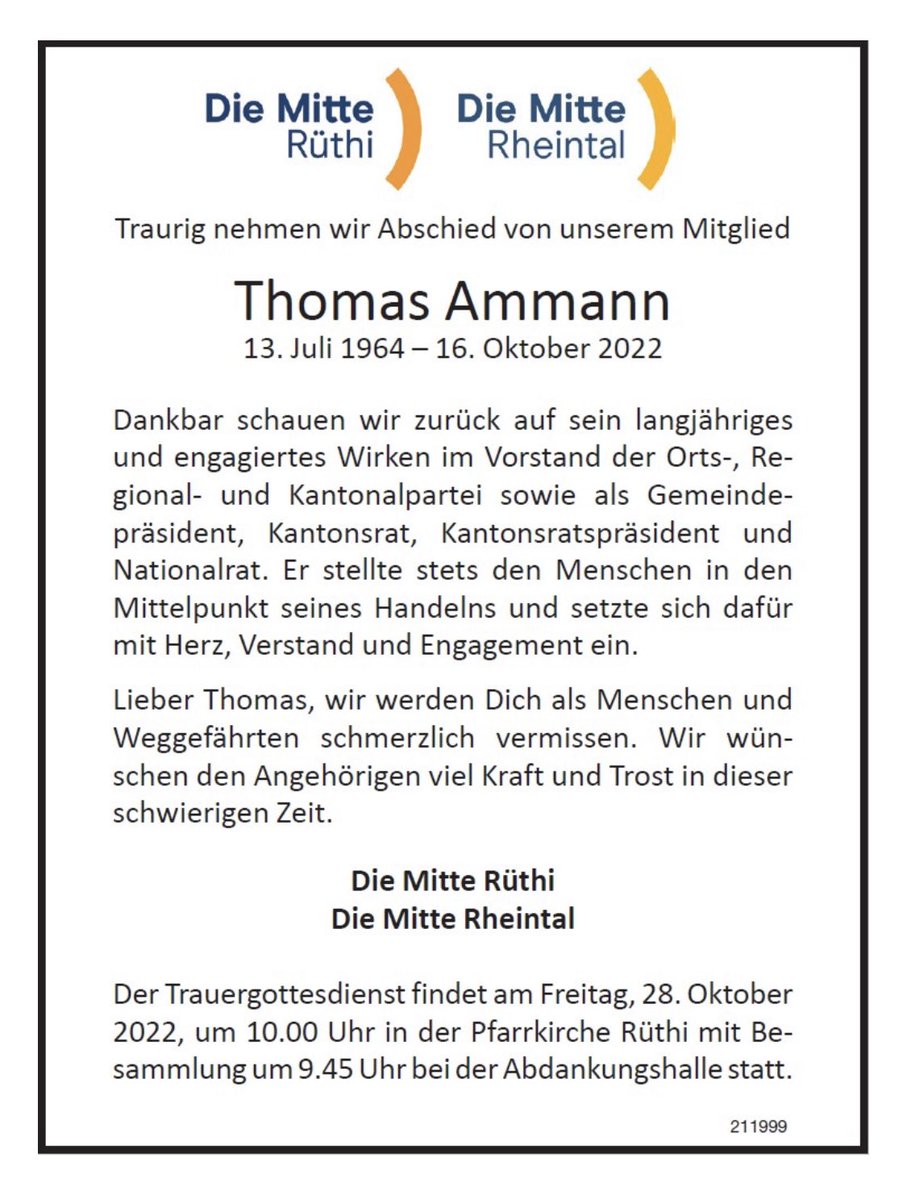 sandro_w_hess's tweet photo. Wir trauern um ein geschätztes #Parteimitglied, einen geschätzten #Freund, @th_ammann. ✝️🙏🏻😔 #RIP @Mitte_Centre
https://t.co/h6VGQe4Gc6 https://t.co/hBo0tGCq4J