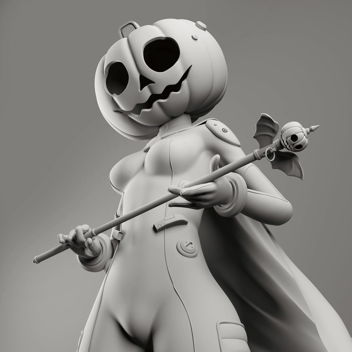 Here she is
"Pumpkin Ranger" for <a href="/StampuNFT/">Stampu📮</a> Fall (spooky) SZN drop. 

A 3D/2D Piece I am pretty pumped about. Modeled in Zbrush, composed and rendered in Maya, and finishing touches in procreate and photoshop. I have included a clay render for your enjoyment and analysis.