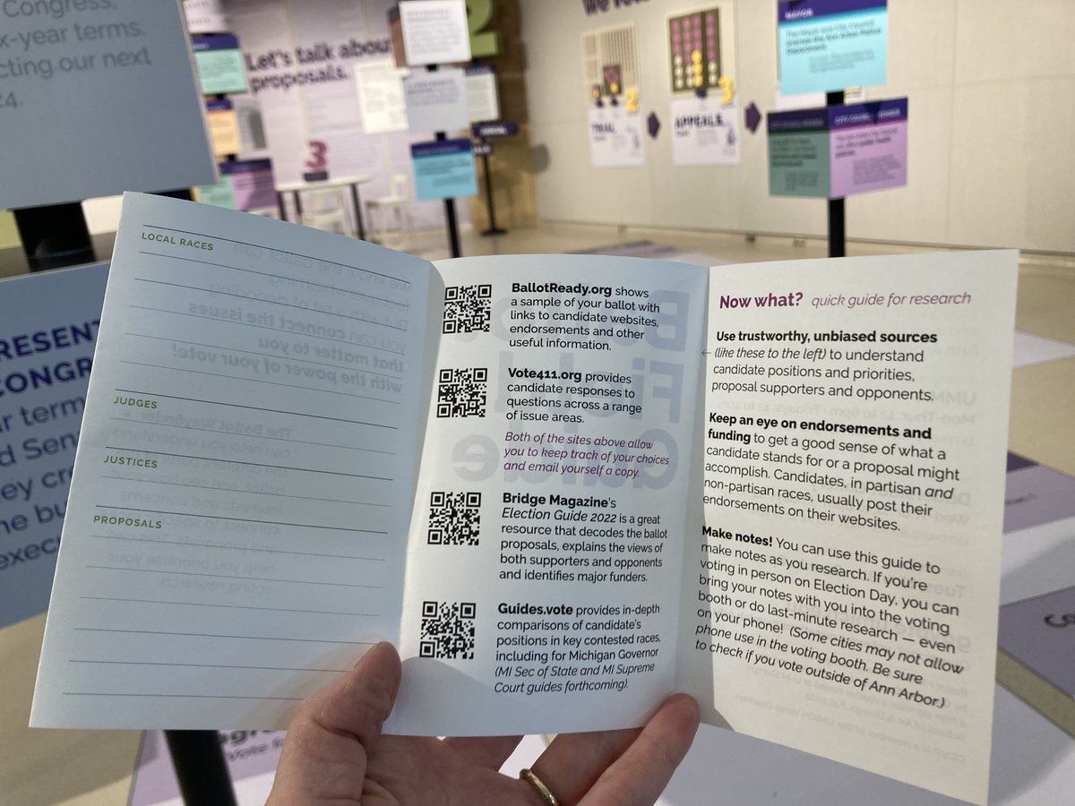 ArtDesignVote's tweet photo. Voila! We have a Field Guide for our Ballot Wayfinder installation! Featuring great non-partisan resources for students to research their #ballot from @BallotReady @VOTE411 @BridgeMichigan and https://t.co/lAKSzKjmT5

Hours: https://t.co/Ny7vSuGfbL
#UMICH #midtermsmatter https://t.co/dLUc89eOXN