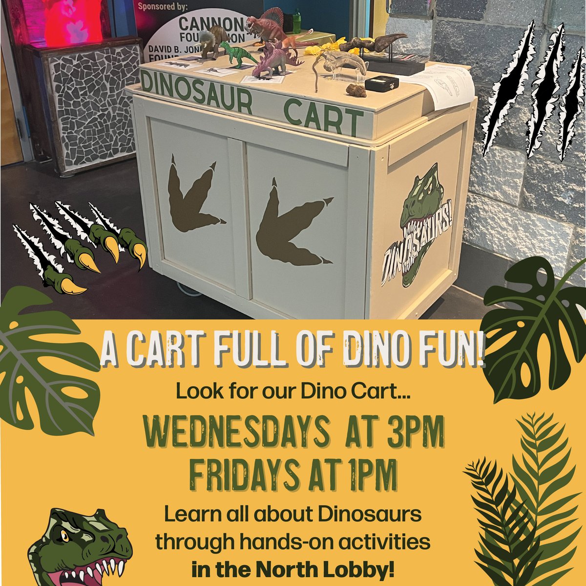 cscscience's tweet photo. Are you ready for a Cart Full of Dino Fun! Look for our Dinosaur Cart in the North Lobby Wednesdays at 3PM & Fridays at 1PM to learn all about Dinosaurs through hands-on activities! 🦖
#CSCScience #CatawbaScienceCenter #HickoryNC #CatawbaCounty #Science #Education #CSCDinosaurs https://t.co/miU8iORI9U