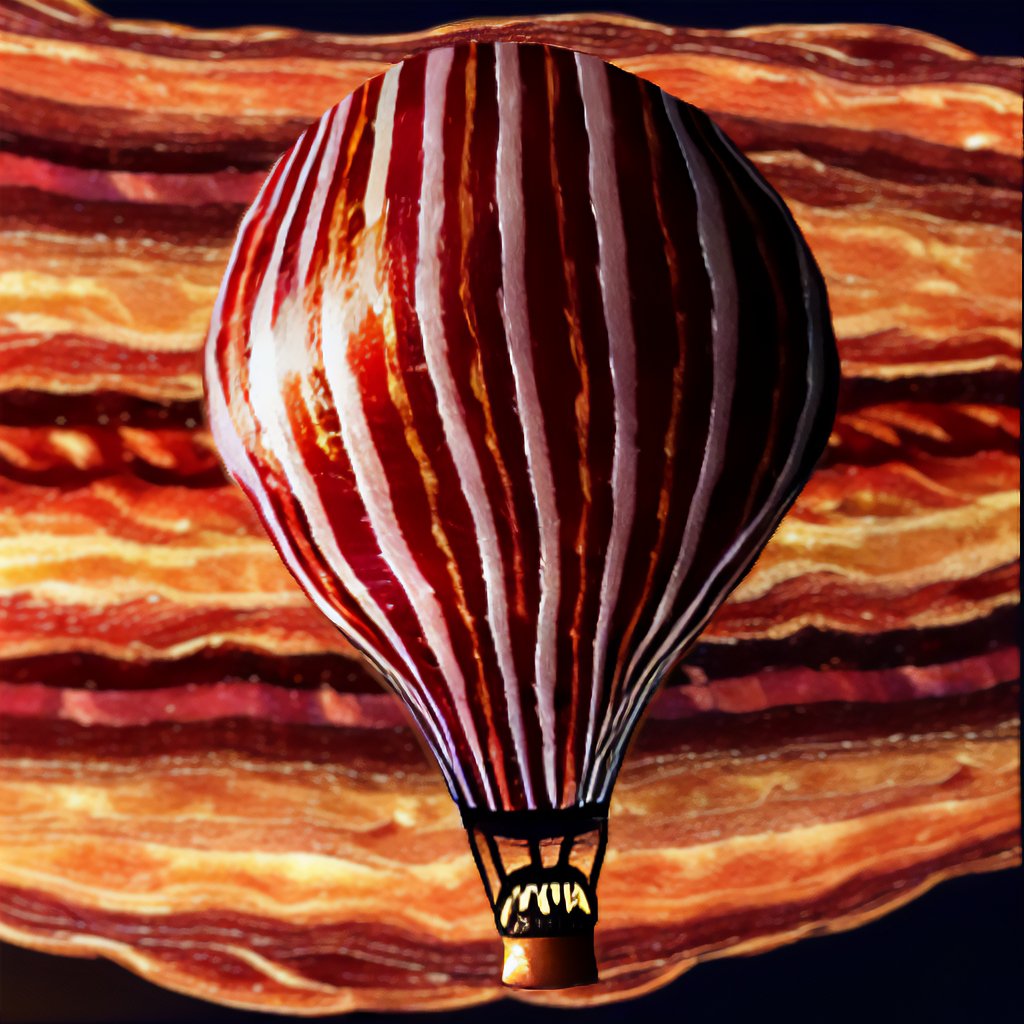 bagdelete's tweet image. you fall asleep in a hot air balloon and when u wake up everything&apos;s bacon, wyd?

#baconwave #stablediffusion