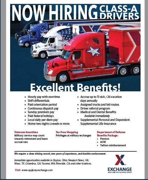 FtIrwinExchange's tweet photo. #TheExchange is now hiring Class-A Drivers for multiple locations. Please see the flyer below. #milspouse #Veterans #Drivers #applytoday #NowHiring #jobopportunities #WhereHeroesWork #Career #jobopening https://t.co/WVRozVkd2m