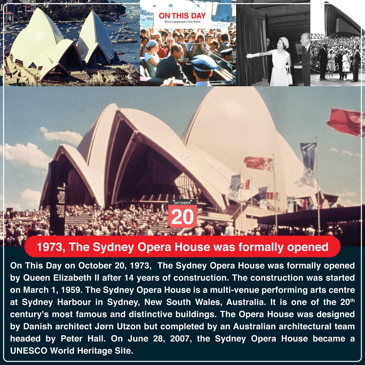 OnThisDayInWor1's tweet photo. #OnThisDay 1973, The Sydney Opera House was formally opened
https://t.co/N7KYL1UHWn
#october #october20 #doyouknow #historytoday #in1973 #49yeasrago #sydneyopérahouse #queenelizabethii #sydneyoperahouseopening #sydneyoperahouse1973 #operahouse #UNESCO #jórnutzon #peterhall https://t.co/9EzKbLZ8e2