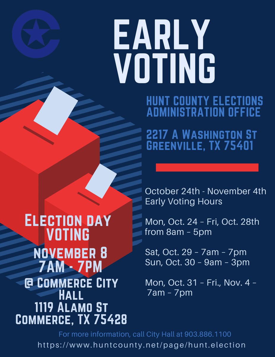 CityofCommerce2's tweet photo. #earlyvoting #huntcounty #commercetx https://t.co/aHvHsJTCee